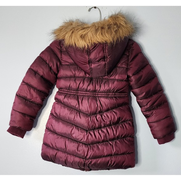Girls Falls Creek Burgundy Puffer Coat Faux Fur XS 4/5 Removable Hood Winter - Picture 2 of 10